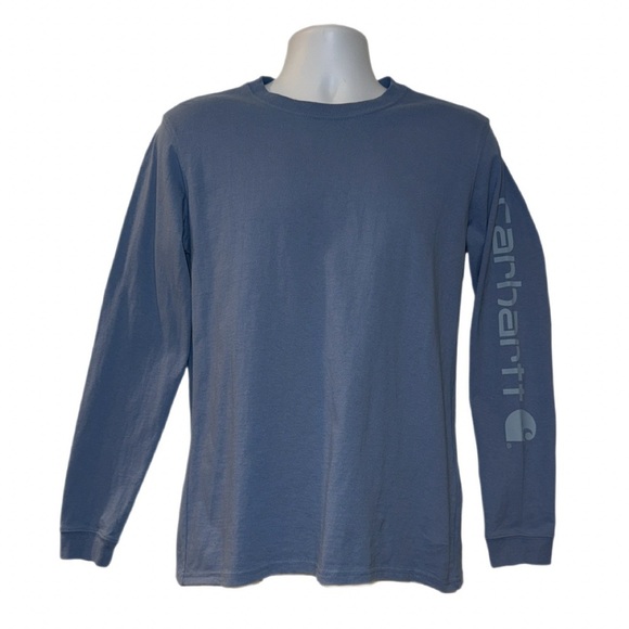 Carhartt Men’s Long Sleeve Shirt Small Blue Loose Fit Workwear Graphic Logo Tee - Picture 1 of 6
